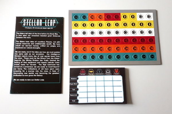 Stellar Leap rulebook, chits, and score sheets