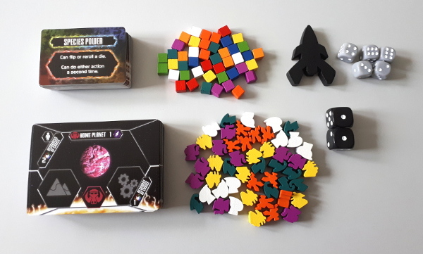 Stellar Leap cards, markers, meeples, and dice